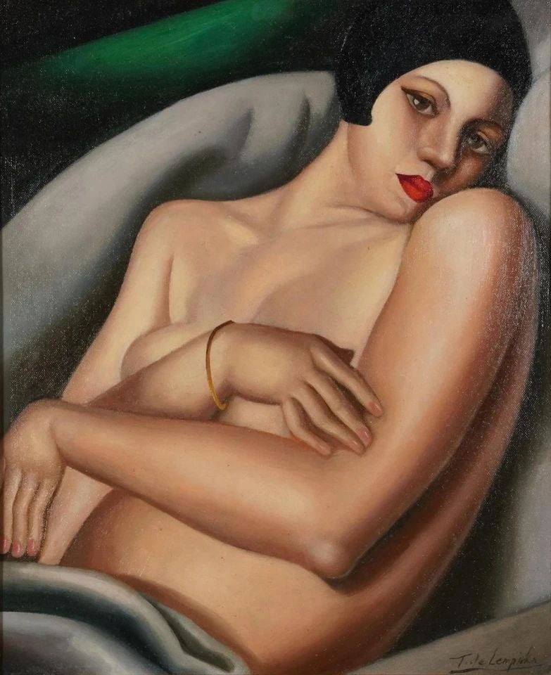 Semi nude Art Deco female: Tamara de Lempicka 1898-1980.Oil on canvas.45cm x 37cm.Good condition, commensurate with age. Provenance : from a private collector in London.