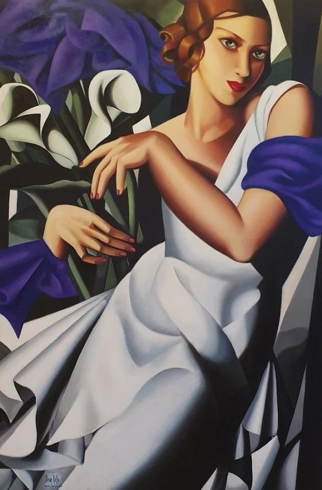 Women with flowers: Tamara de Lempicka 1898-1980.Oil on canvas.158 x 105cm.Good condition, commensurate with age.Provenance : Mrs. Blair, Newport Beach, California. Collected by her late husband.