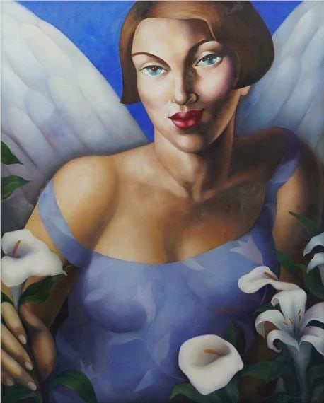 portrait of a winged female with lilies: Tamara de Lempicka 1898-1980.Oil on canvas.99cm x 79cm.Minor old wear and weathering.Provenance : Mrs. Blair, Newport Beach, California. Collected by her late husband.