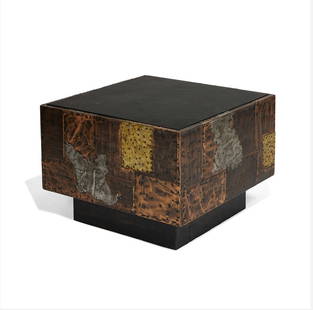 Paul Evans PE-31 Side Table: Patchwork Side Table, model PE-31, in enameled and patinated copper, brass and steel over plywood with an inset cleft slate top by Paul Evans for Directional Furniture, American 1970s. This table is