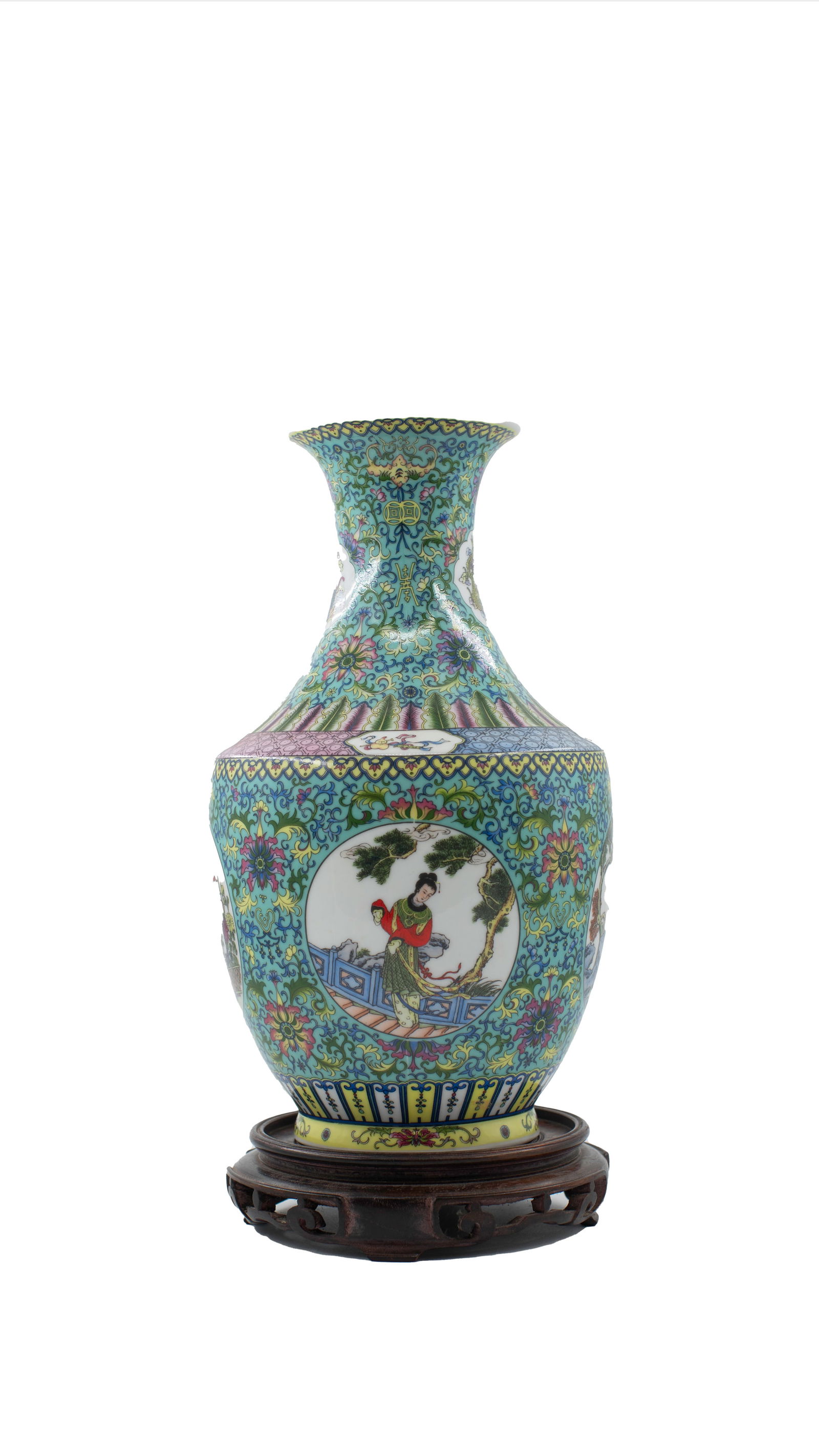 Antique Chinese Chinoiserie Vase: Antique hand-painted chinoiserie vase, with four windows, a wooden base, and stamped at the bottom.