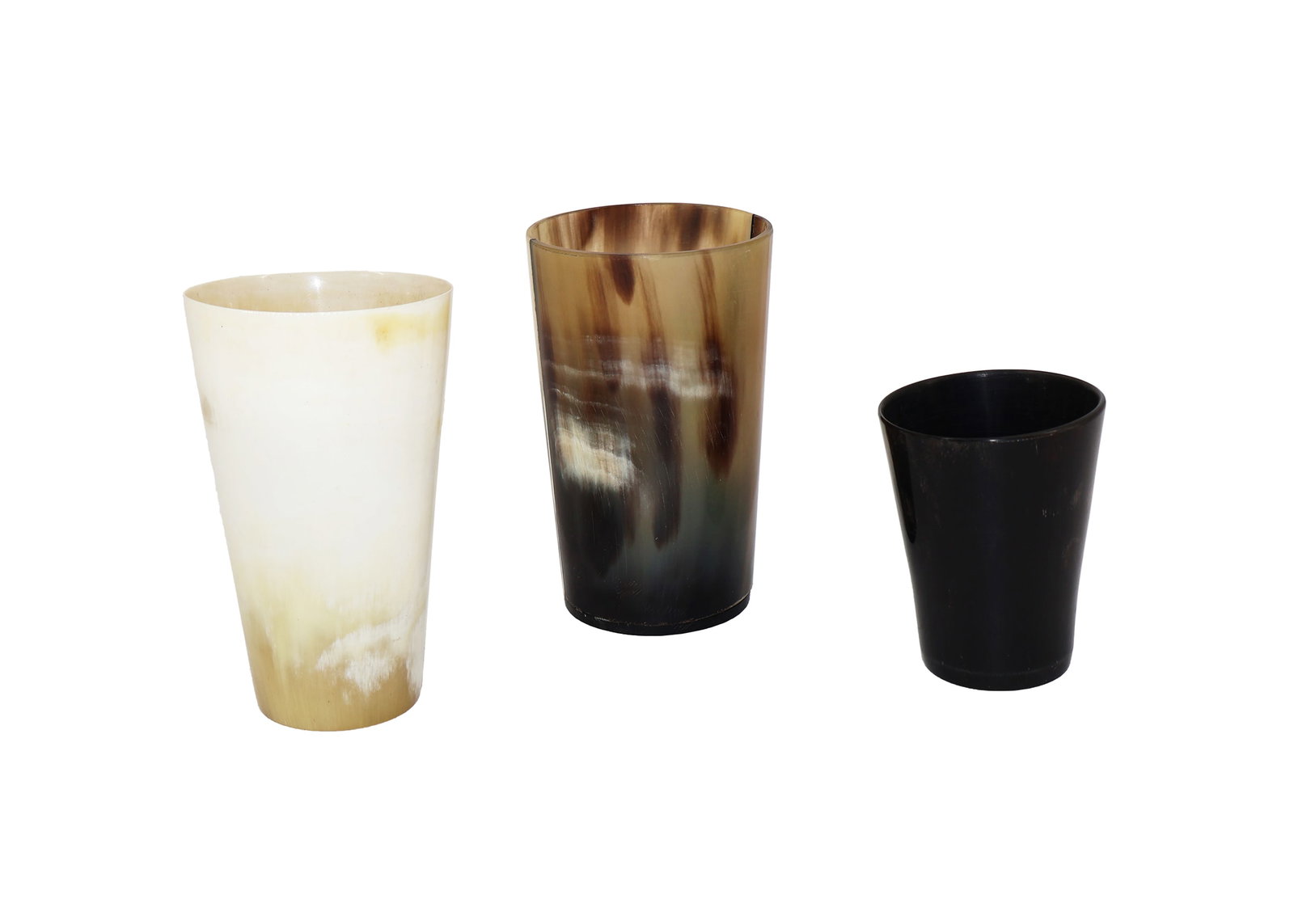 3pc Horn Drinking Cups: The three-piece horn drinking cups set offers a unique and rustic way to enjoy your favorite beverages. Crafted from natural horn, each cup boasts its own distinct character and texture, adding a touc