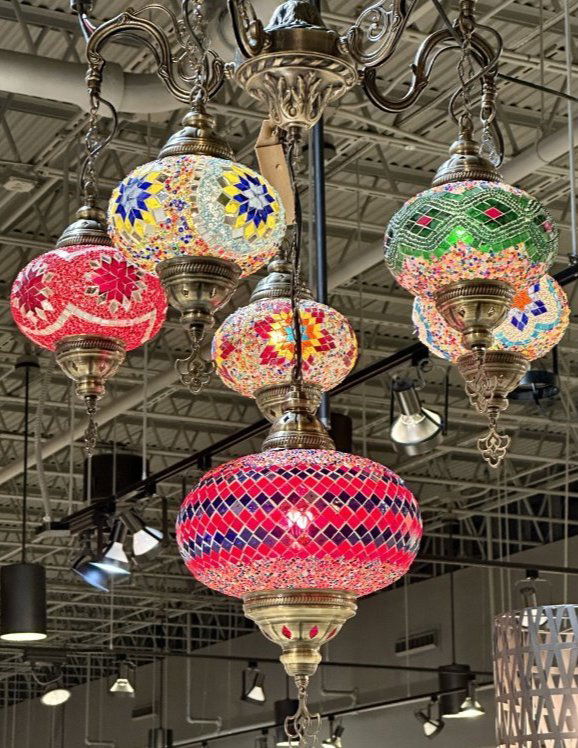 Turkish Mosaic Glass and brass 6 lights chandelier. (1 of 3)