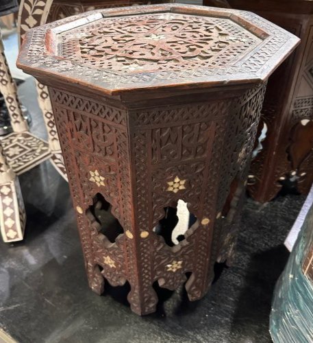 Old Syrian Levantine Octagon Side Table Carved and Inlaid (1 of 2)