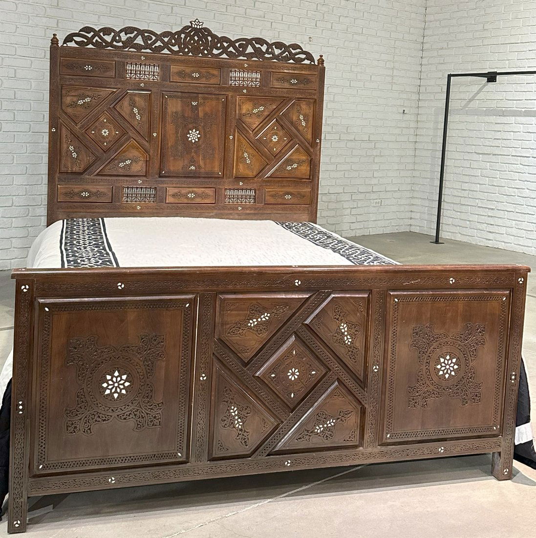 Syrian Levantine queen size bed with large hand-carved headboard (1 of 3)