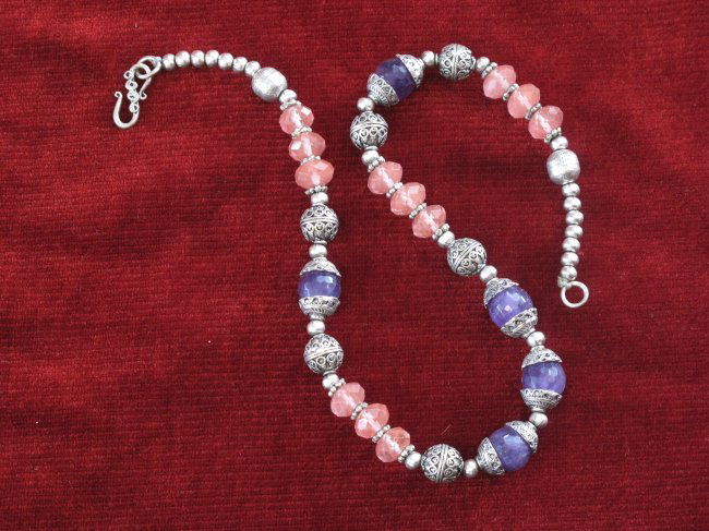 Silver & semi precious stones middle eastern necklace.: Hand-made necklace with silver and semi-precious stones from Aleppo Syria late 20th century. 19" Long.