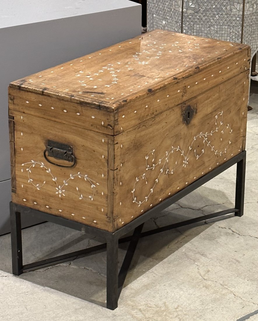 Old Syrian Bone Inlay Chest.: This chest or trunk features intricate inlay reminiscent of bone. While it appears to be an older piece, the metal base seems to have been added at a later date. Nevertheless, the chest remains sturdy