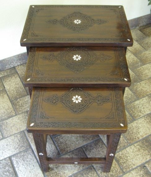 Nesting tables carved on walnut and inlaid with mother of pearl (1 of 2)