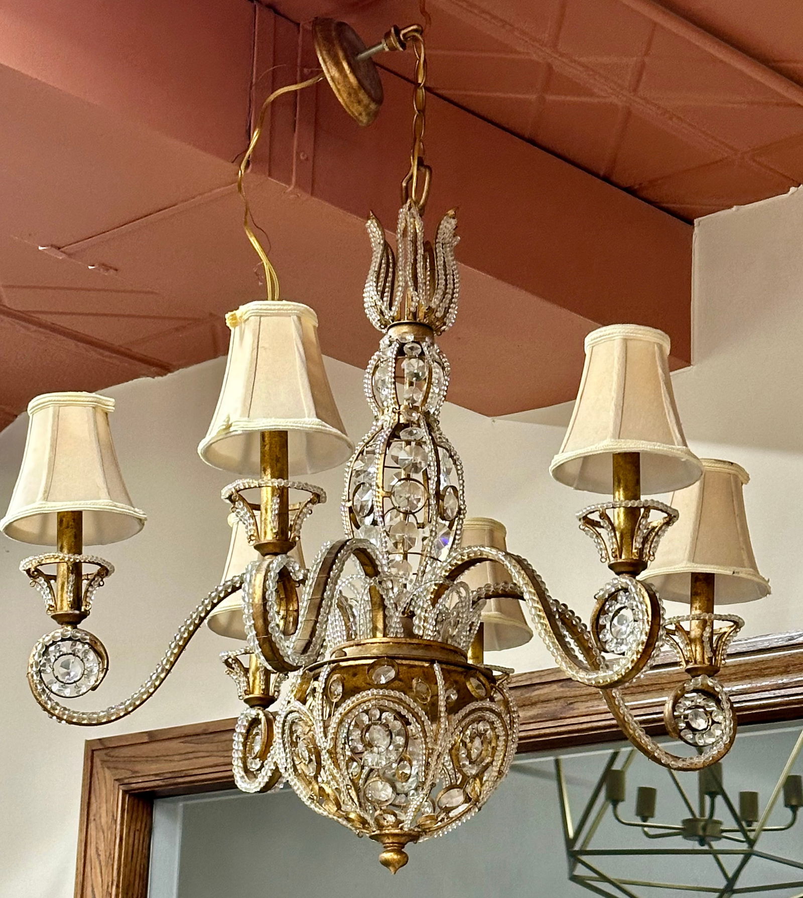 Gilt Metal Beaded Chandelier with Glass Accents (1 of 4)