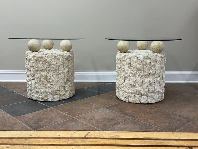 Vintage Post Modern Tessellated Mactan Stone Tables Maitland Smith Style Hollywood regency