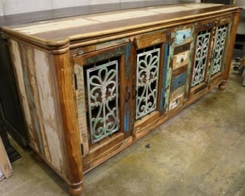 Reclaimed rustic solid wood sideboard, Buffet, TV Stand. With Wrought iron decorated doors