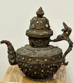 Tibetan or African Vintage Large Metal Filigree Tea Pot with Semi-Precious Stones