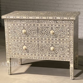 Chest of drawers with bone inlay floral design on gray finish