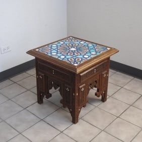 Syrian carved walnut side table with iznik ceramic top