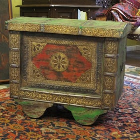 chest with brass overall and rustic vintage wood.