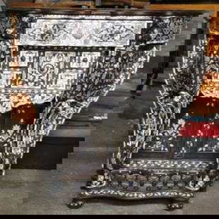 Syrian vintage console table inlaid with mother of pearl on walnut .: This elegant Syrian console table is in very good condition for its age, with some minor loss of mother-of-pearl inlay, consistent with vintage wear. Hand-carved details and intricate craftsmanship hi