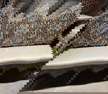 Syrian mother of pearl sofa on solid wood.: Impressive sofa inlaid with mother of pearl. There is a split in the wood that was repaired with wood filler as seen in the pictures. All inlay pearls seem in good condition. The size approximately: 6