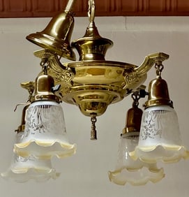 Old Victorian brass pan chandelier with four arms.
