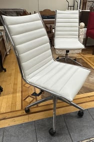 Pair of Modern White Ribbed Leather Office Chairs on Chrome Base