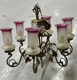 Antique Brass Chandelier with Cranberry-Trimmed Shades