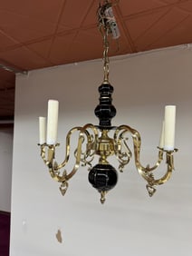 Vintage 6-Light Brass & Black Porcelain Chandelier