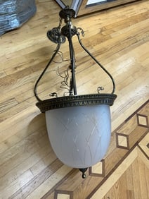 Vintage Frosted Glass Dome Pendant Light with Ornate Brass Frame