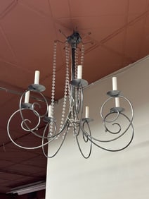 Contemporary Scroll Iron Chandelier with Crystal Beads – 6-Light Design