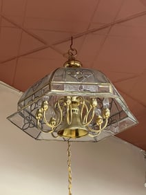 Vintage Brass & Glass Panel Chandelier with Etched Floral Motifs – 8-Light