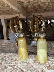 Pair of Vintage Italian-Style Gold Leaf Wall Sconces with Amber Glass Shades