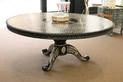 72" Anglo-Indian Round Dining Table – Solid Wood with Mother-of-Pearl Inlay, Ebony Finish