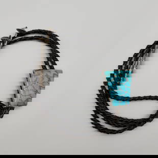 S&M Tucson Sterling Zuni Turquoise Inlay Bolo 34.1g: Sterling Zuni Turquoise inlay bolo tie, 34.1g total weight. Signed SMT- Stewart & Maria Tucson, Zuni.
