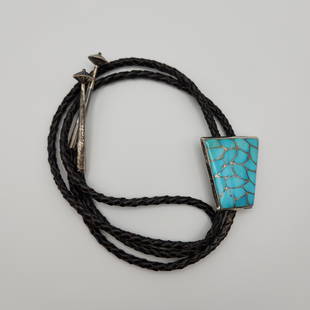 S&M Tucson Sterling Zuni Turquoise Inlay Bolo 34.1g: Sterling Zuni Turquoise inlay bolo tie, 34.1g total weight. Signed SMT- Stewart & Maria Tucson, Zuni.