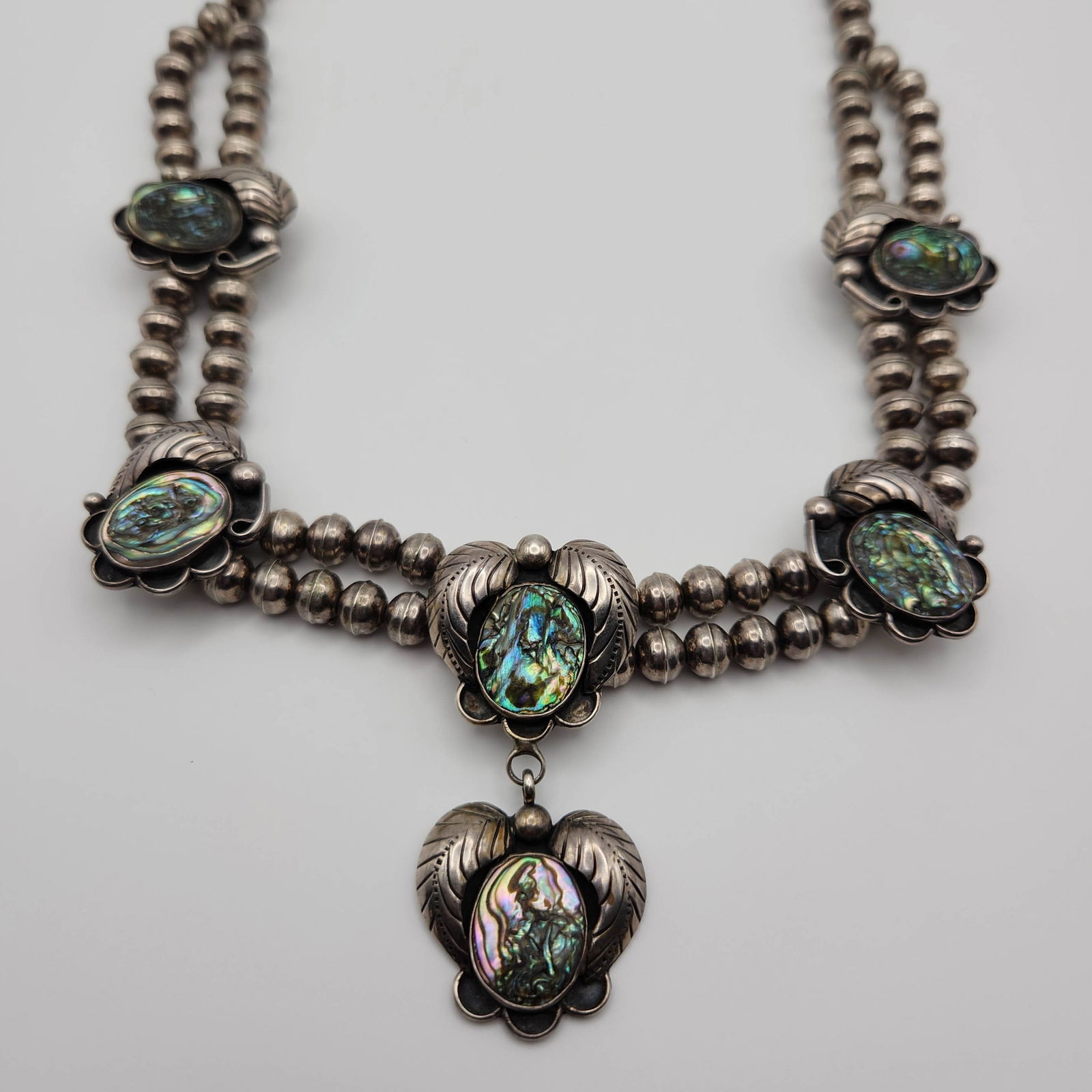 Signed SterlingAbalone Squash Blossom Necklace 102g: Beautiful sterling abalone squash blossom necklace, 102g. Signed