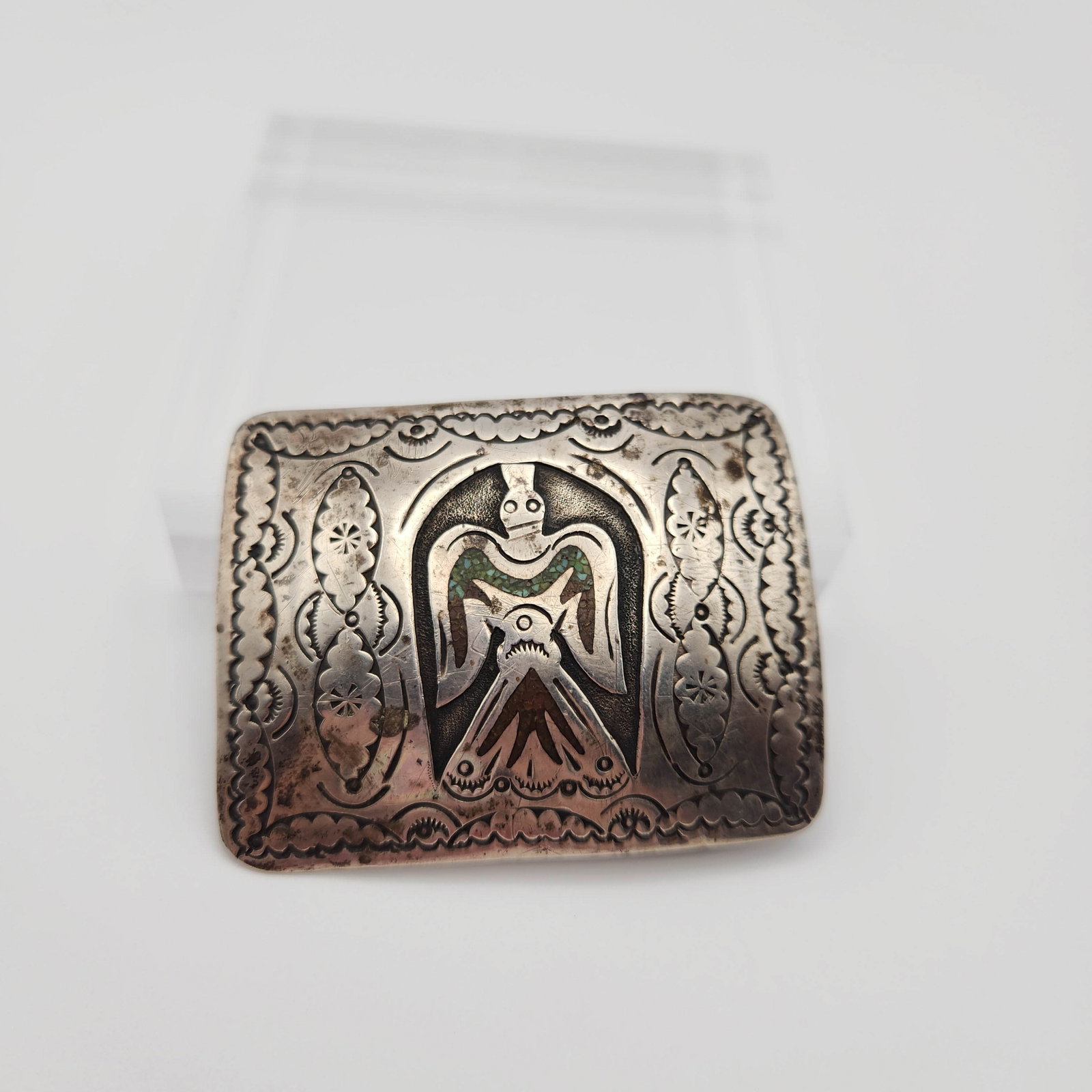 SterlingTurquoise/Coral Inlay Thunderbird Belt Buckle 27g: Sterling crushed Turquoise and coral inlay thunderbird belt buckle, 27g. Signed T.