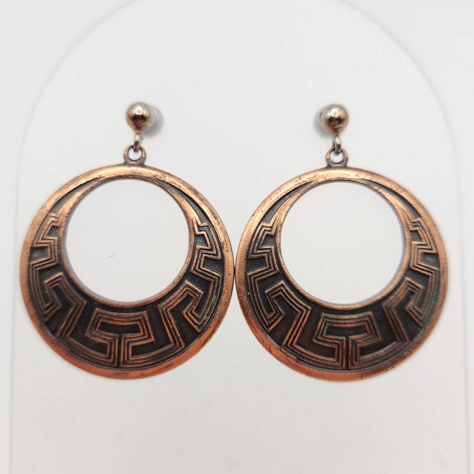 Wheeler Mfg Southwest Copper Earrings 8g: Copper Southwest dangle earrings, 8g. Signed Wheeler Manufacturing of Lemon.