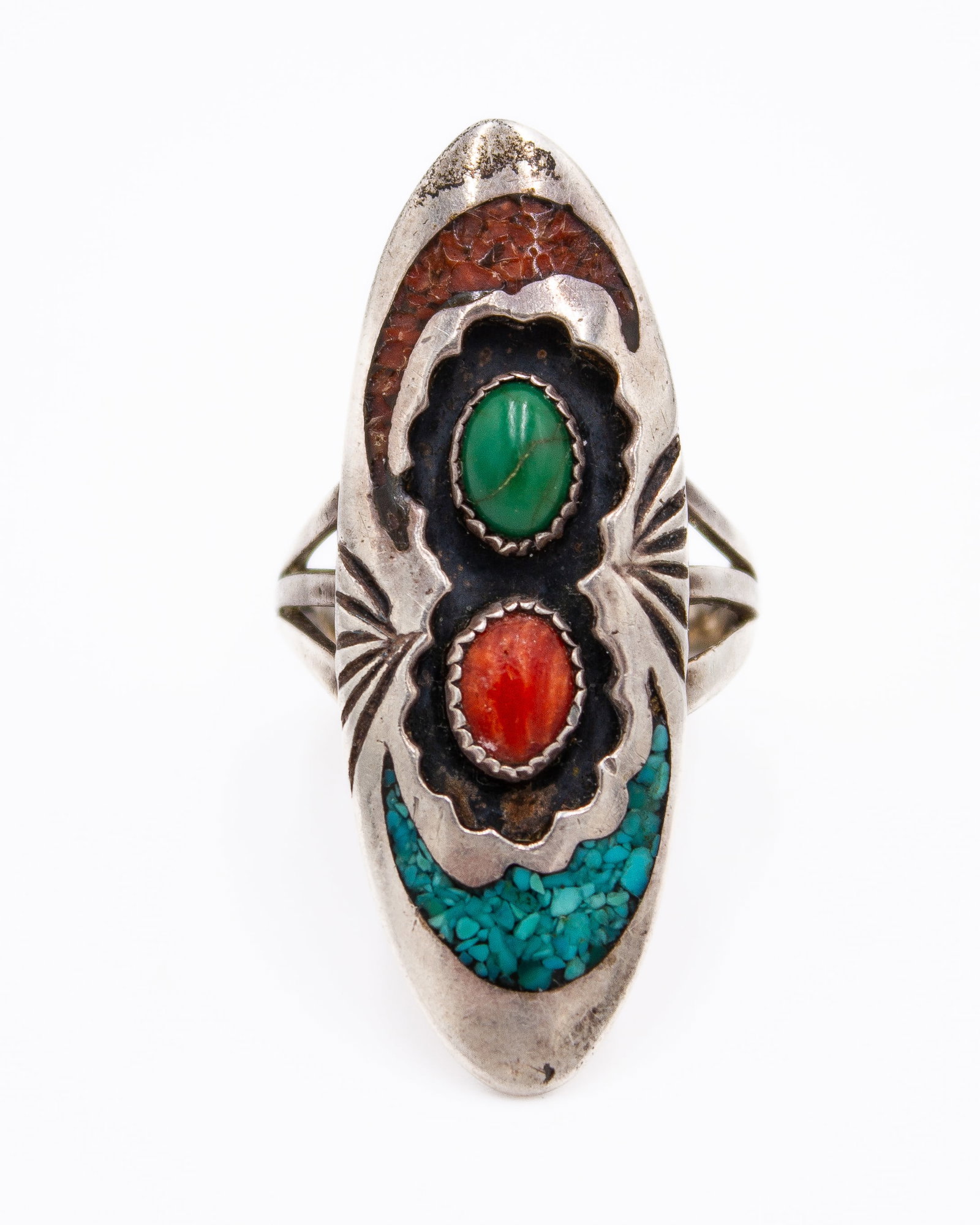 Sterling Coral Turquoise Navajo Shadow Box Ring Size 6.5 (1 of 6)