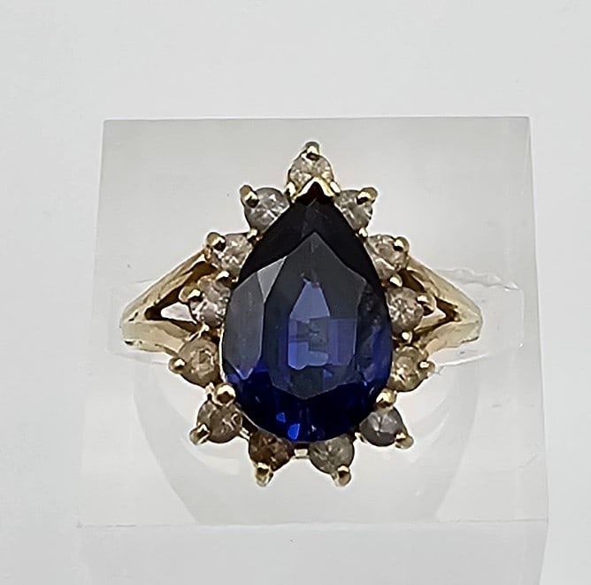 Signed Lab Sapphire Diamond 10K Gold Cocktail Ring Size 6.25 3.5 G (1 of 5)