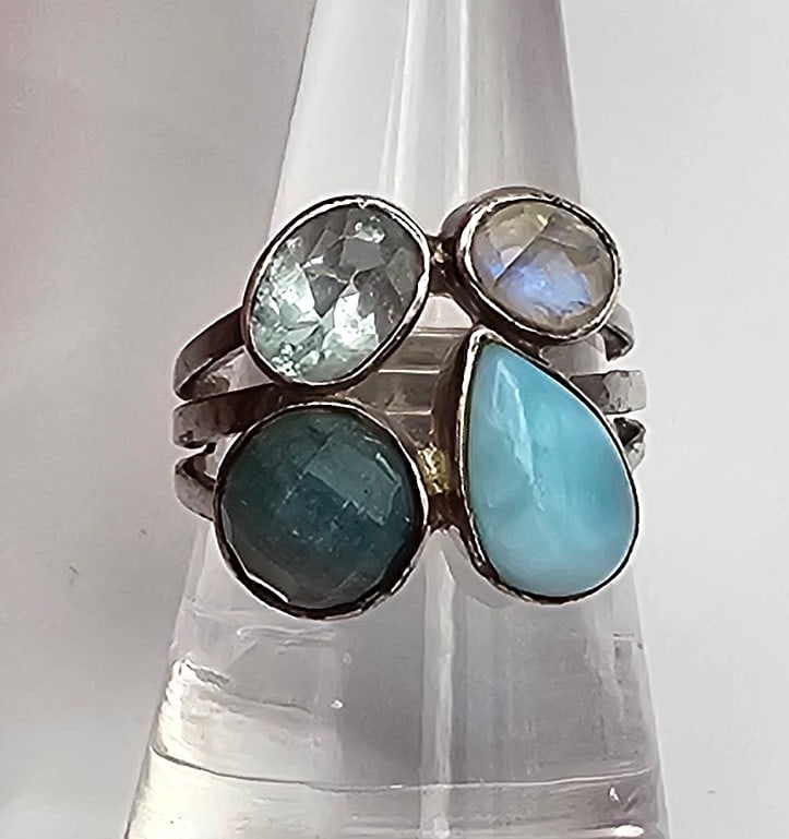 Larimar Moonstone Labradorite Aquamarine Sterling Silver Cocktail Ring Size 8.25 6.4 G: Larimar Moonstone labradorite aquamarine sterling silver Cocktail ring size 8.25 6.4 g
