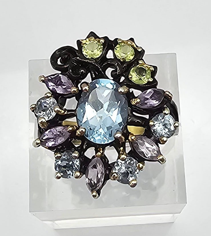 Multi Gemstone Sterling Silver Cocktail Ring Size 8.25 6.8 G (1 of 5)