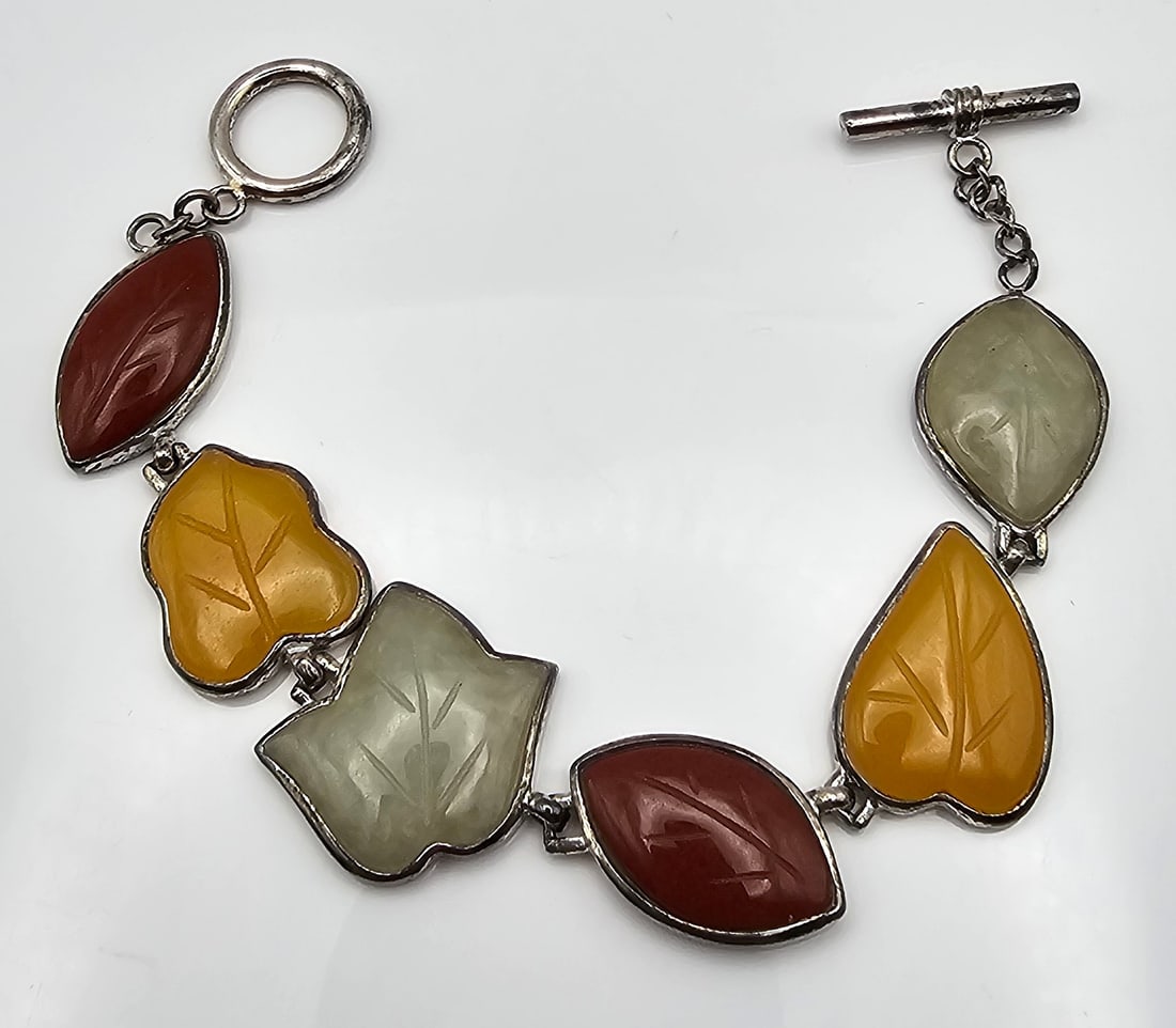 Carved Jade Jasper Sterling Silver Toggle Bracelet 30.1 G (1 of 3)