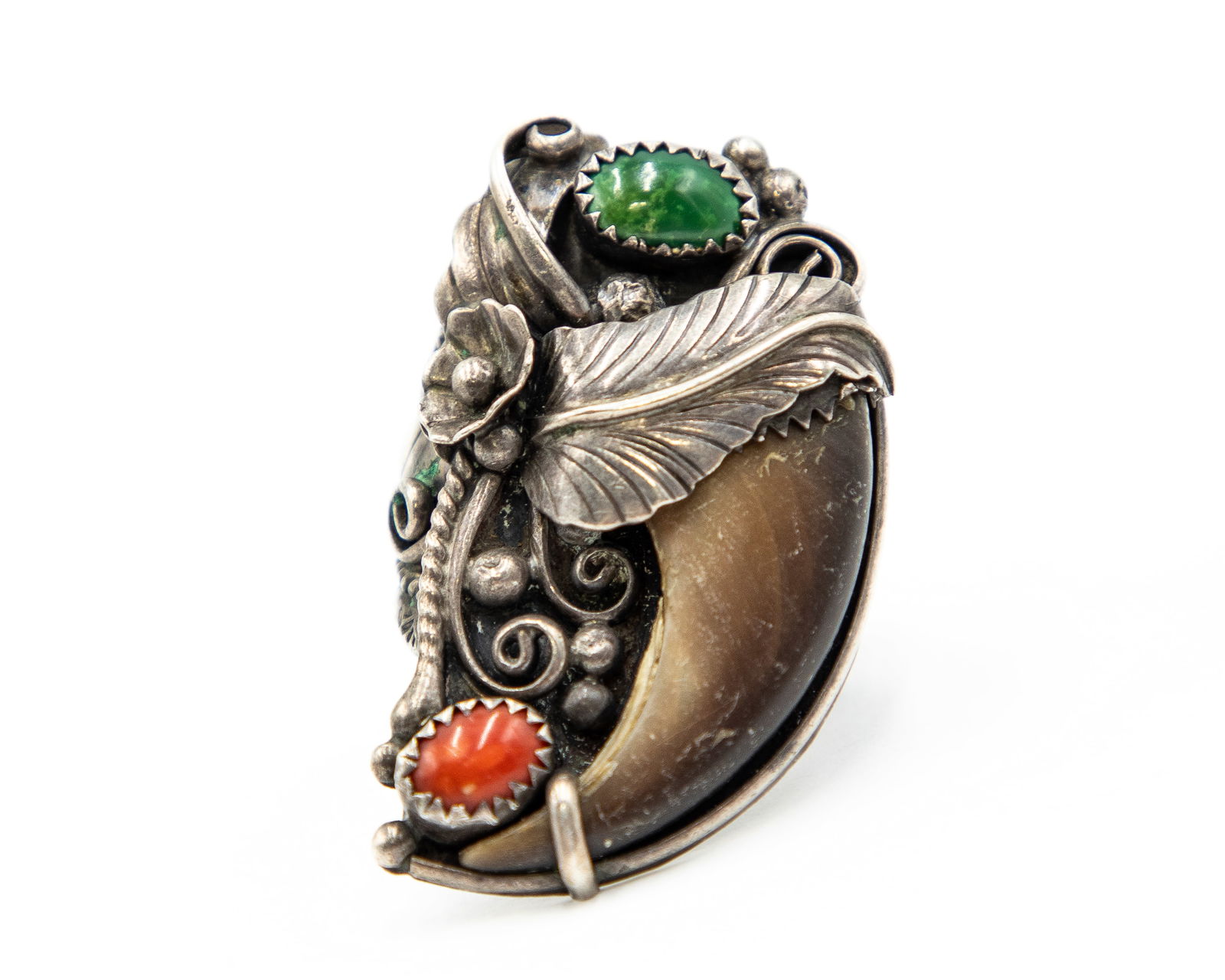Navajo Bear Claw Sterling Turquoise Coral Ring Sz. 11 (1 of 4)