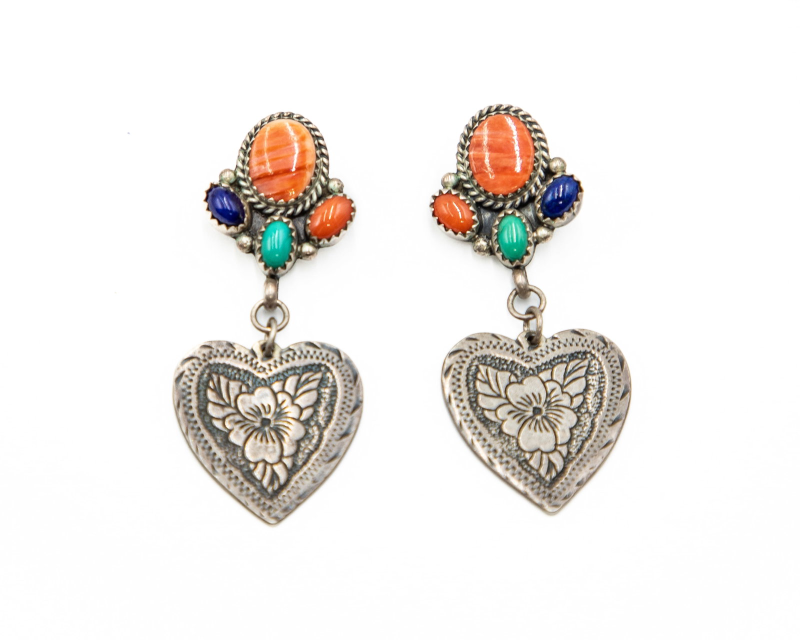 Marie Babe Flower Heart Sterling Lapis Turquoise Coral Spiny Oyster Dangle Earrings: Marie Babe Flower Heart Sterling Lapis Turquoise Coral Spiny Oyster Dangle Earrings 14.8g