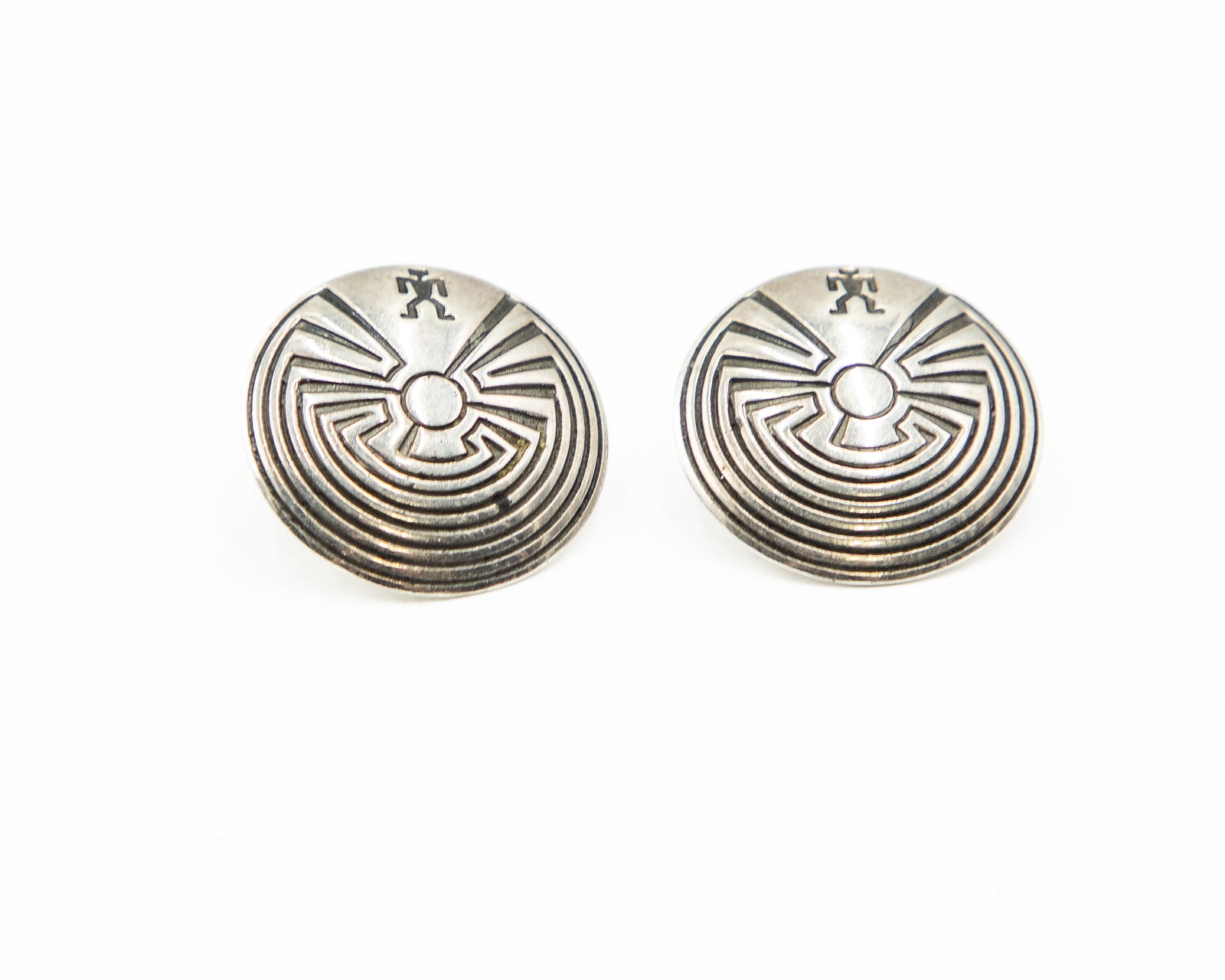 Hopi Sterling Man in a Maze Concho Stud Earrings: Hopi Sterling Man in a Maze Concho Stud Earrings 8.7g