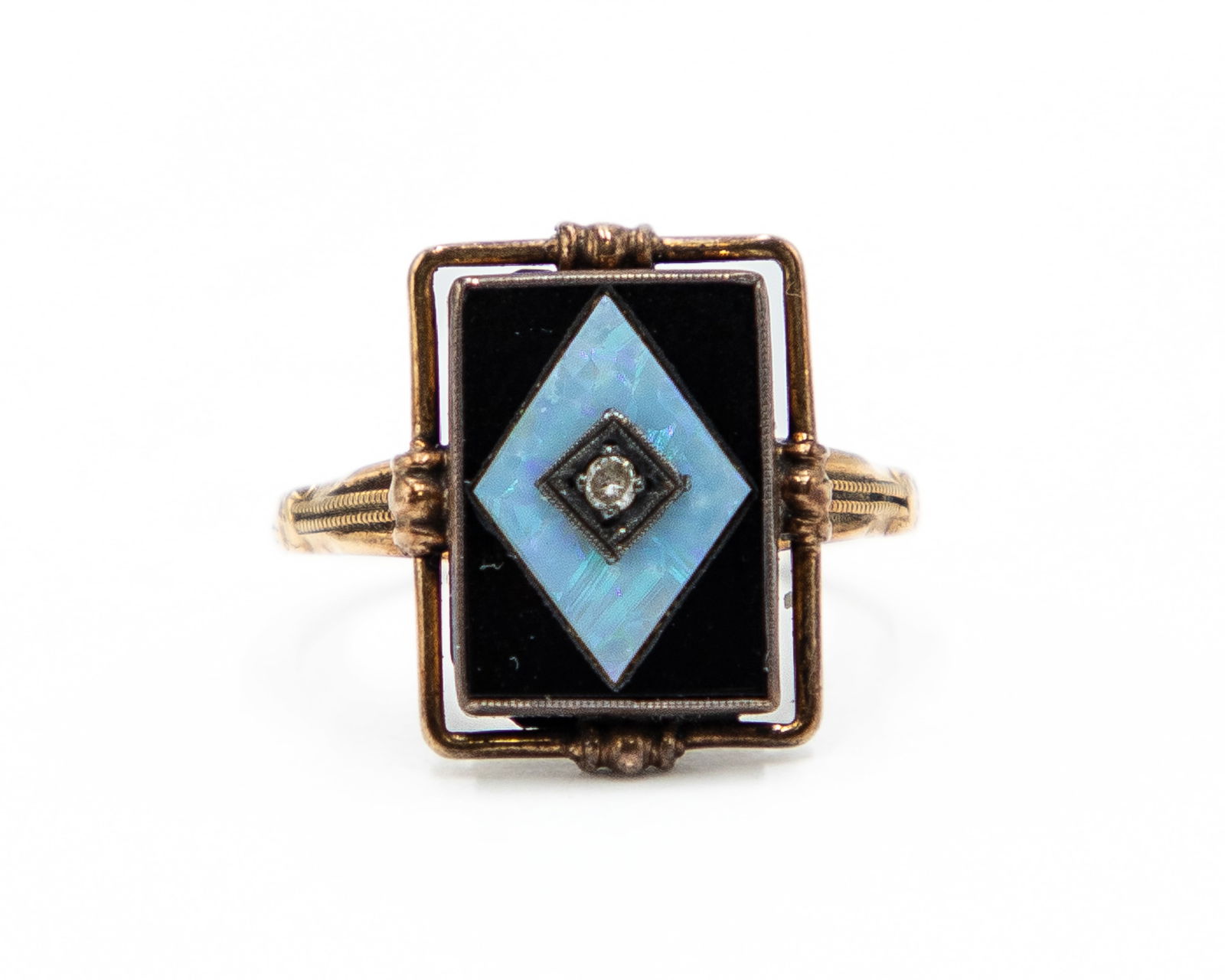 Vintage Onyx Opal Diamond Chip 10k Gold Ring Sz. 7.25 (1 of 5)