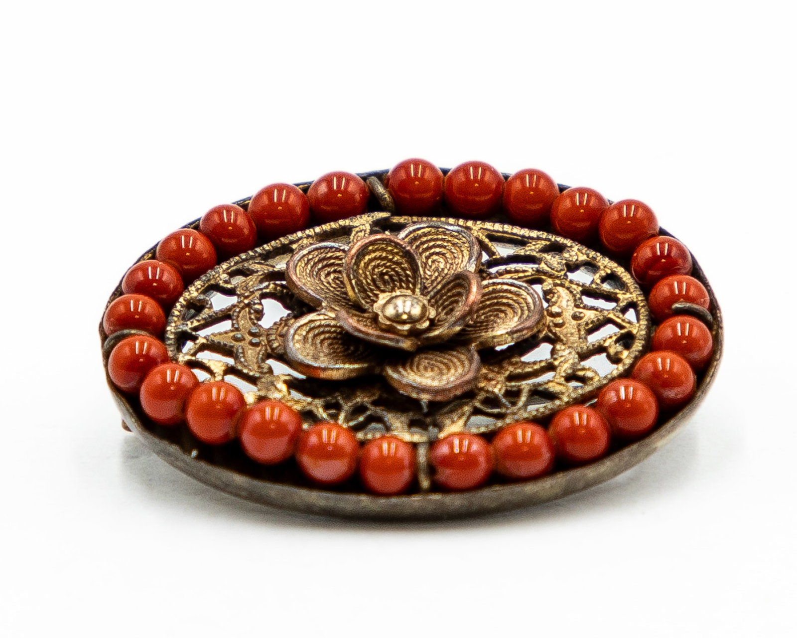 Vintage Coral Beaded Flower Filigree Brooch Pin (1 of 4)