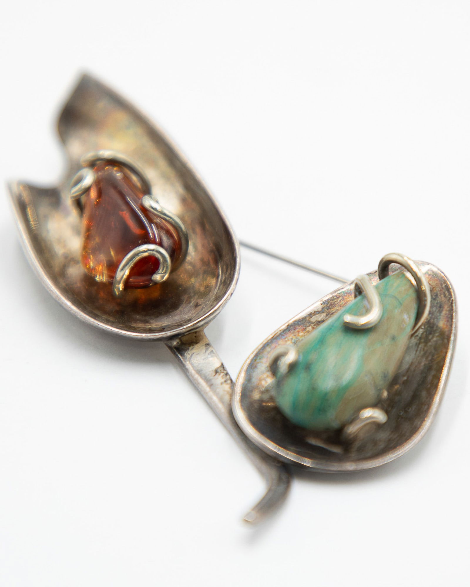 Sterling Los Castillo Taxco Amber Flower Turquoise Leaf Brooch (1 of 5)