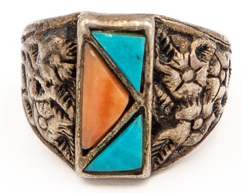 "WYNS" Vintage Turquoise Spiny Oyster Floral Ring Sz. 8.5