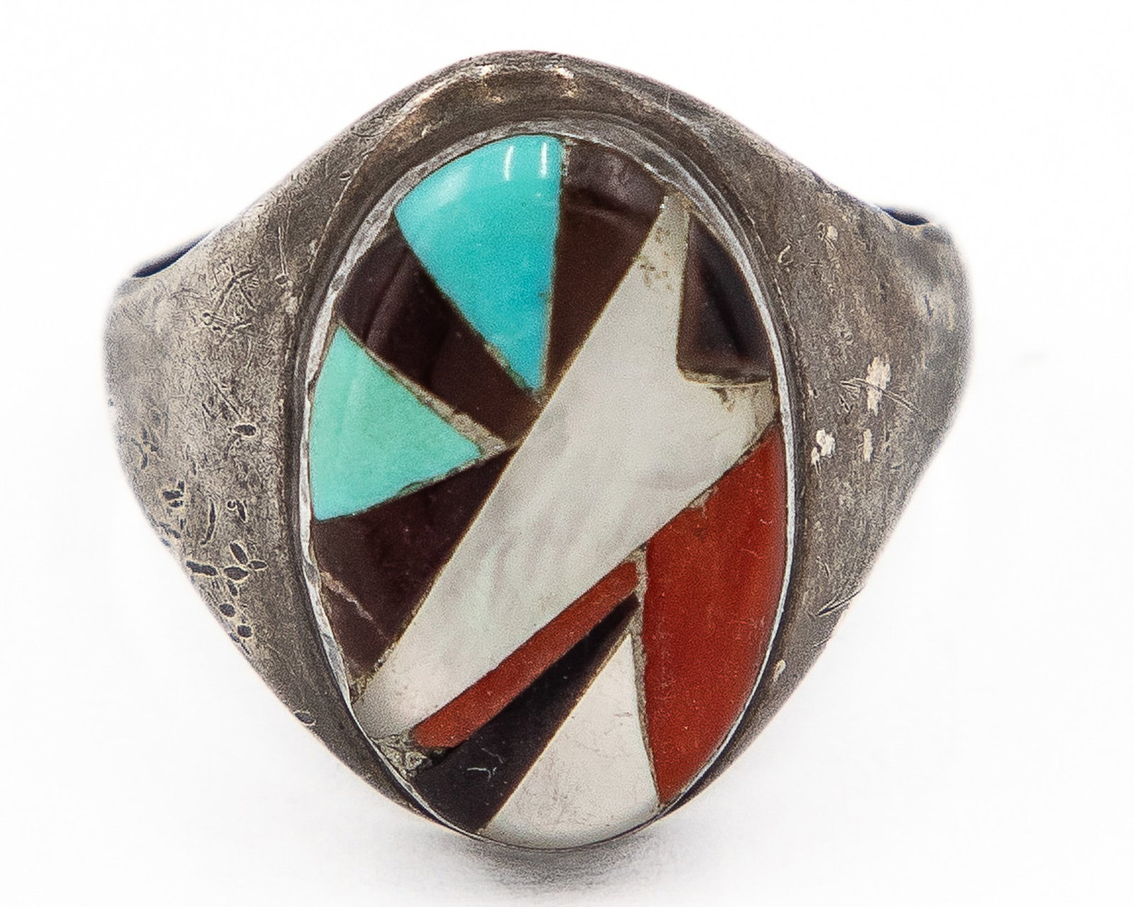 R&GR Zuni Sterling Spiny Oyster Turquoise Mother Of Pearl Inlay Ring Sz. 10.5 As Is: R&GR Zuni Sterling Spiny Oyster Turquoise Mother Of Pearl Inlay Ring Sz. 10.5, 9g-As Is, small damage on side