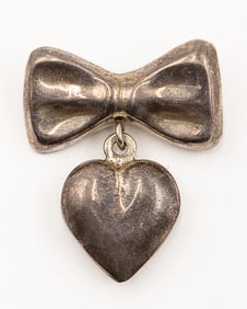 Signed TJ-25 Taxco Mexico Sterling Heart Bow Brooch Pendant