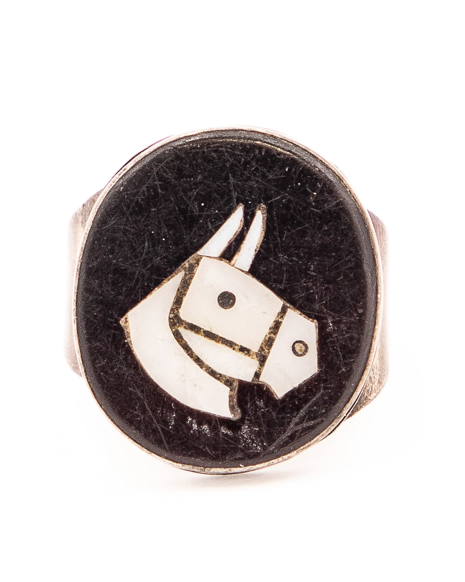 Signed MBS Zuni Jet Mother Of Pearl Horse Ring Sz. 12: Signed MBS Zuni Jet Mother Of Pearl Horse Ring Sz. 12, 7.5g